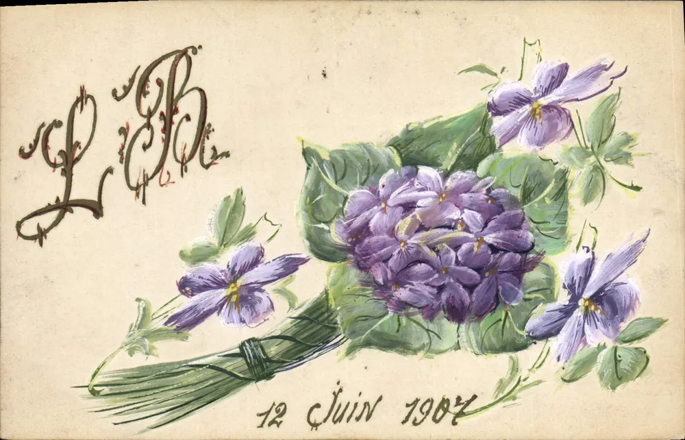 Arranjo de violetas — ilustração aquarelada — datada 12 de junho de 1904 - Frente