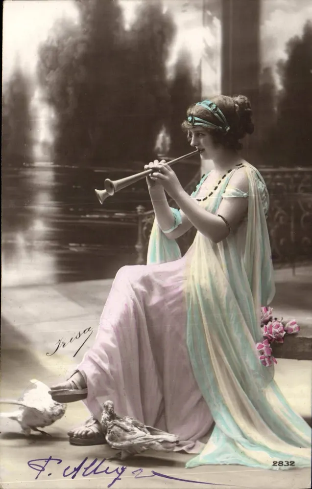 Jonge vrouw die een blaasinstrument speelt — duiven — F. Allye, n° 2832 - Voorkant