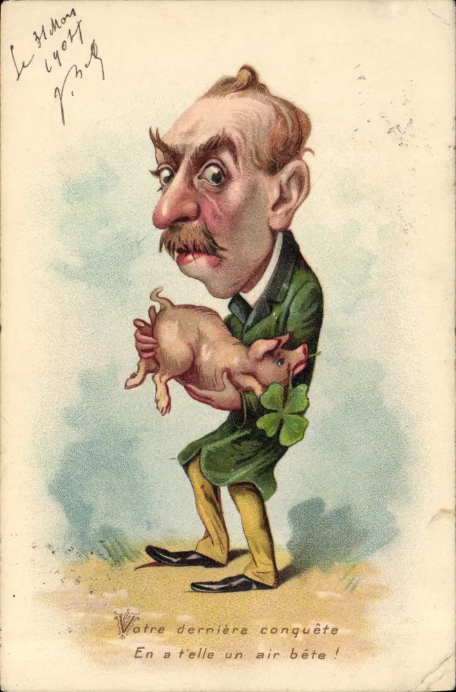 Karikatur eines Mannes mit einem Schwein — Verlag Le Sillon Lyott, n° P.348 - Vorderseite