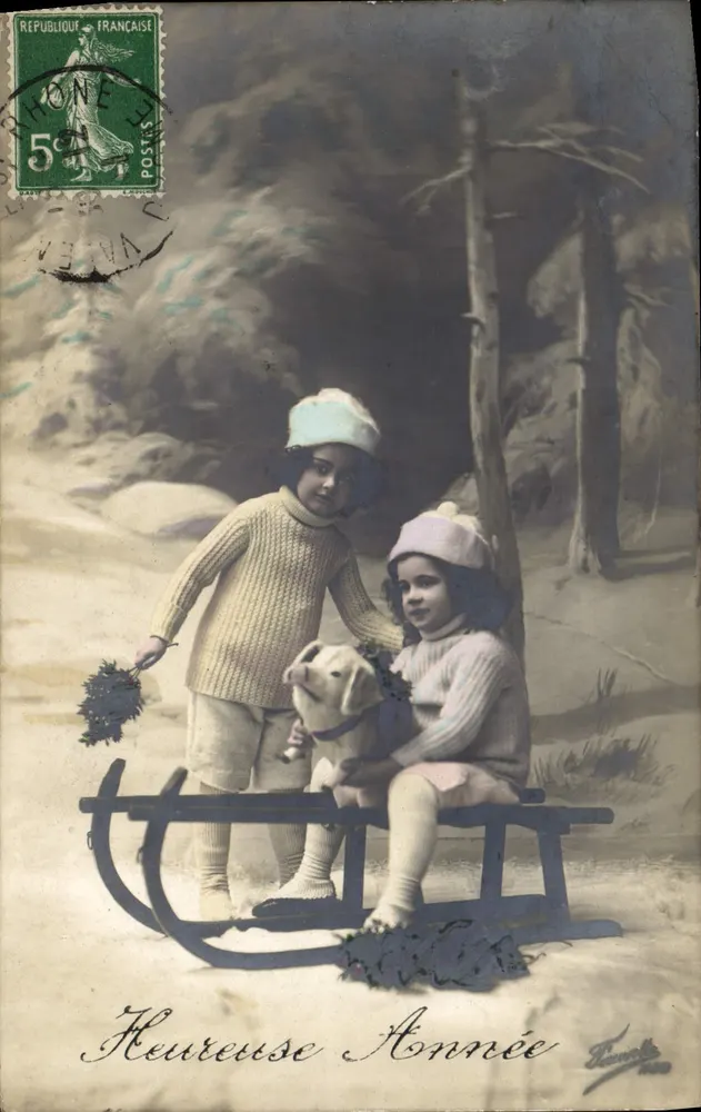 Zwei Kinder und ein Hund auf einer Schlittenfahrt — Winterlandschaft — Verlag Bonnety, Nr. 100 - Vorderseite