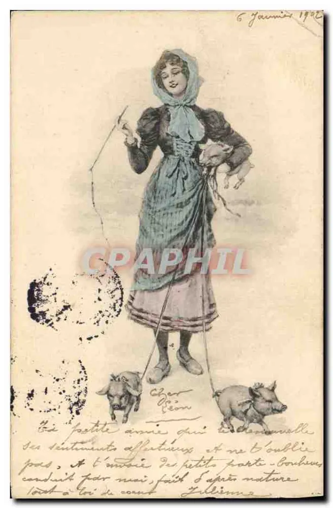 Femme avec deux porcelets — scène de campagne — éditeur Nürnberg, Theo. Stroefeer, N° 208 - Vorderseite