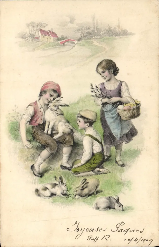 Crianças brincando com coelhos — edição Akivberi, n° 104/1909 - Frente