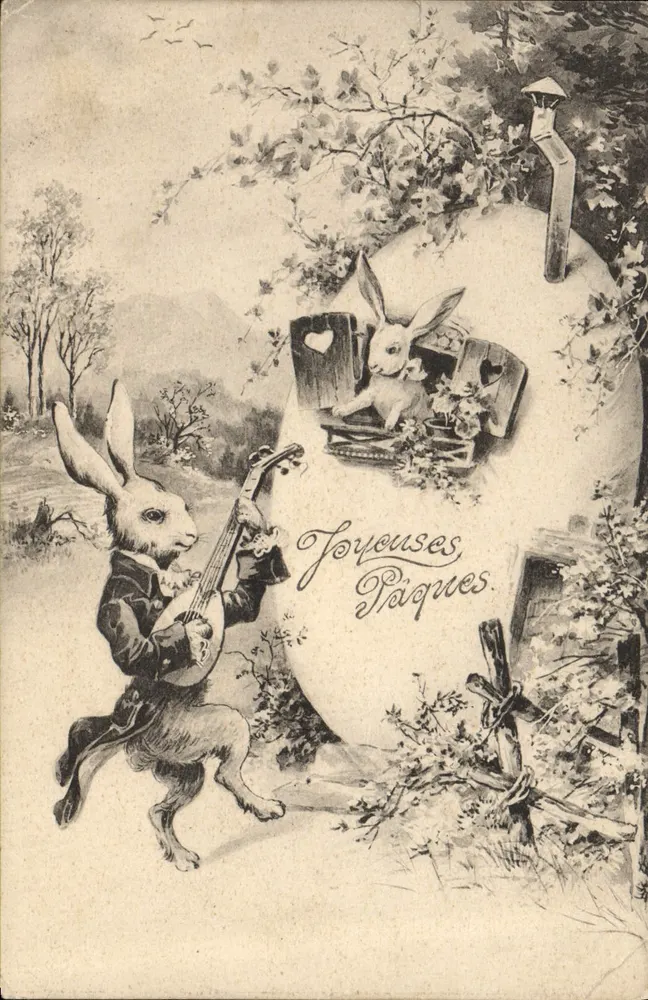 Lapin musicien — scène de Pâques avec lapin dans un œuf — éditeur P. F. B. Serie 2327 - Frente
