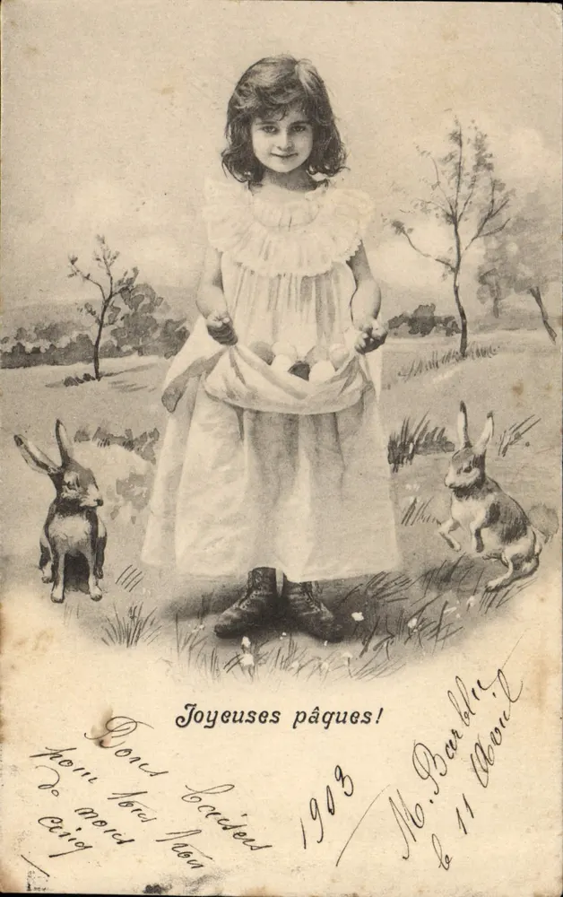 Menina com coelhos — Feliz Páscoa! — editor não visível - Frente