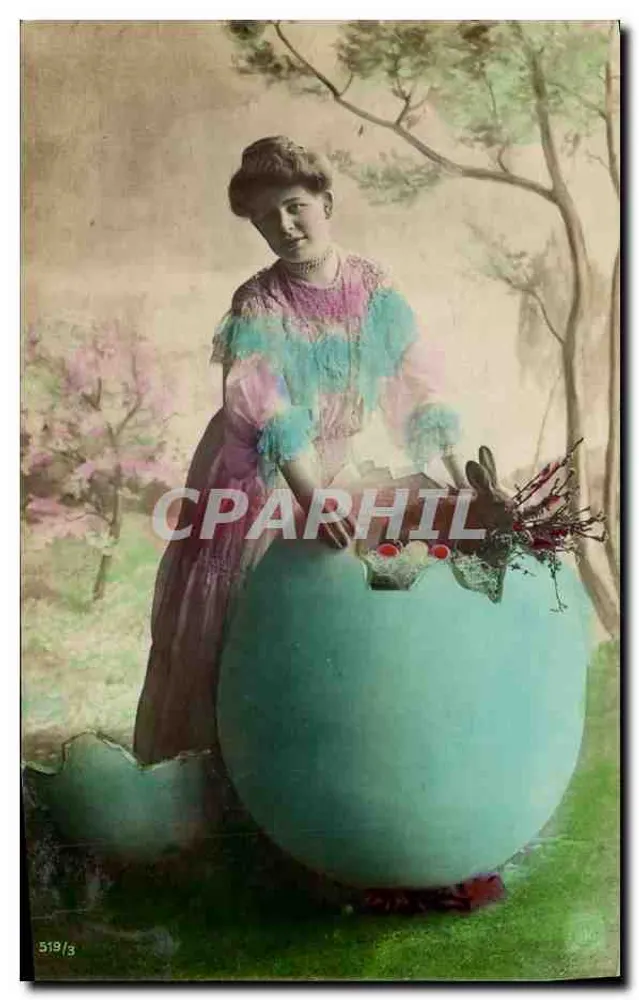 Jovem mulher com um grande ovo de Páscoa — editor: Neue Photographische Postkarte A.G. Stettin 1904 — n° 518/3 - Frente
