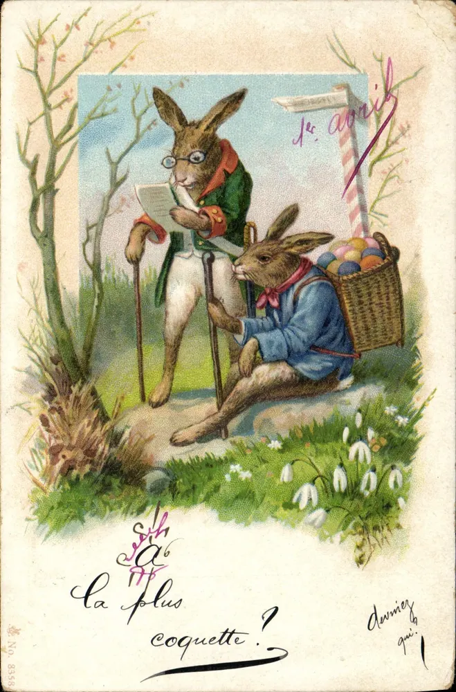 Dois coelhos — um em traje de oficial, outro com um cesto de ovos — 1º de abril — editor Dennier, n° 8358 - Frente