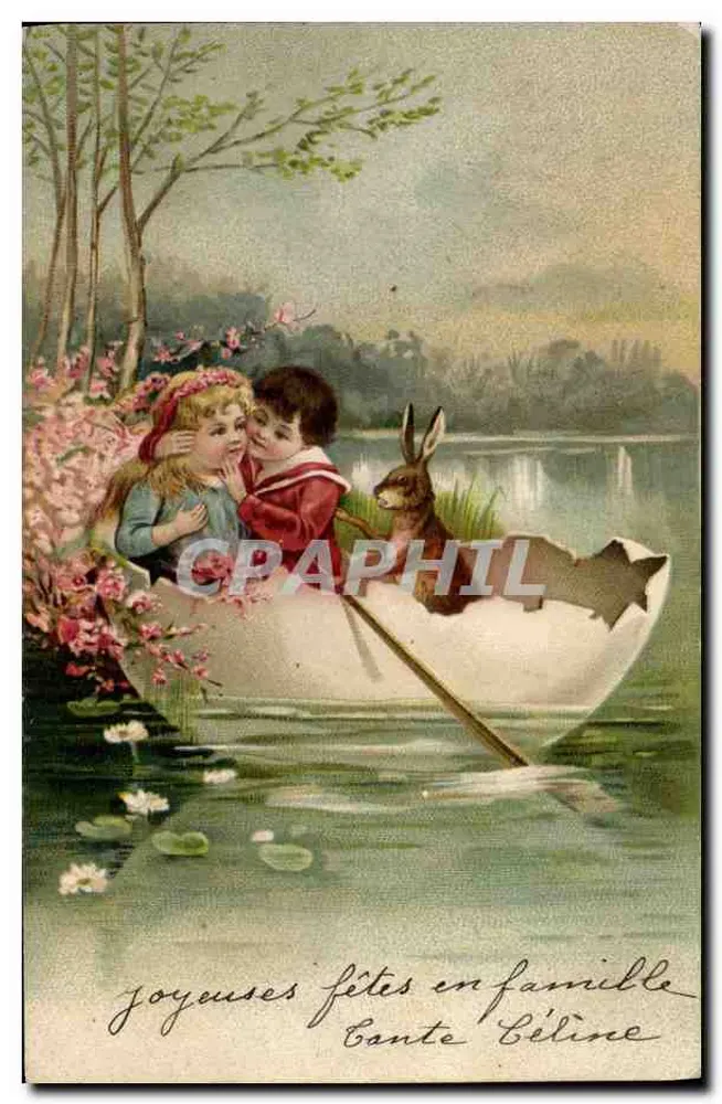 Crianças e coelho em um barco — Cante Céline — Carteira postal universal - Frente
