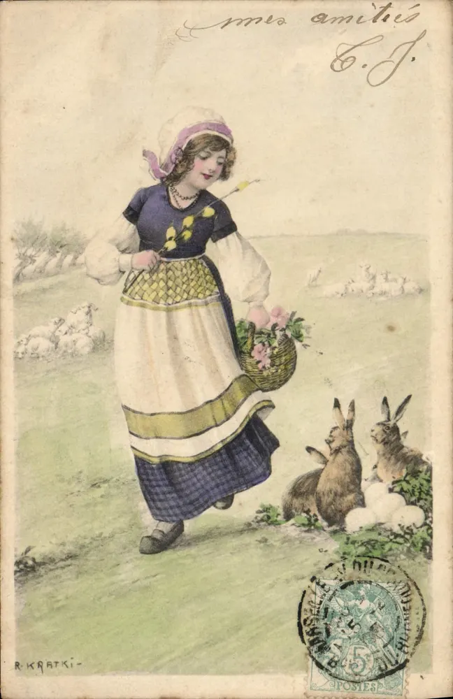 Menina com traje folclórico — com cesta de flores e coelhos — R. Kratki, série T. S. N. N° 4 - Frente