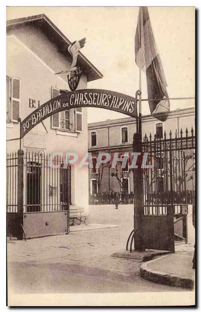 20º Batalhão de Caçadores Alpinos — entrada com bandeira francesa — editor desconhecido - Frente