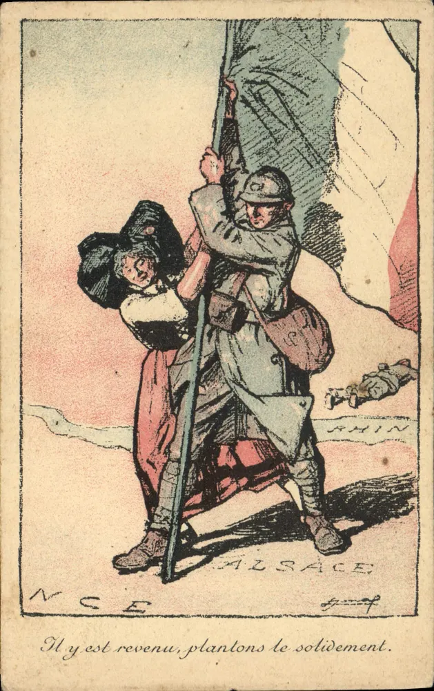 Soldado e mulher na Alsácia — Il y est revenu, plantons le solidement — Devambez, Paris, n°125 - Frente