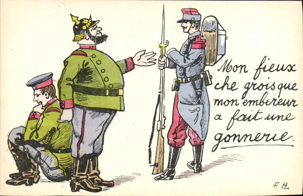 Soldados em uniforme — caricatura humorística — E.H. (assinado) - Frente