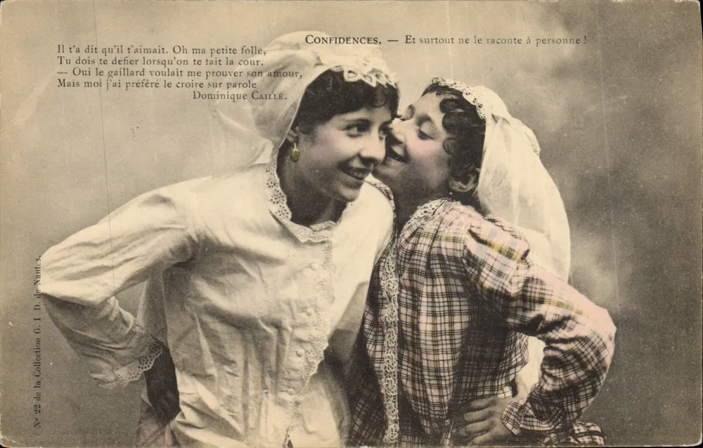 Zwei junge Frauen in Schürzen — Vertraulichkeiten — Collection G. I. D. de Nantes, Nr. 22 - Vorderseite