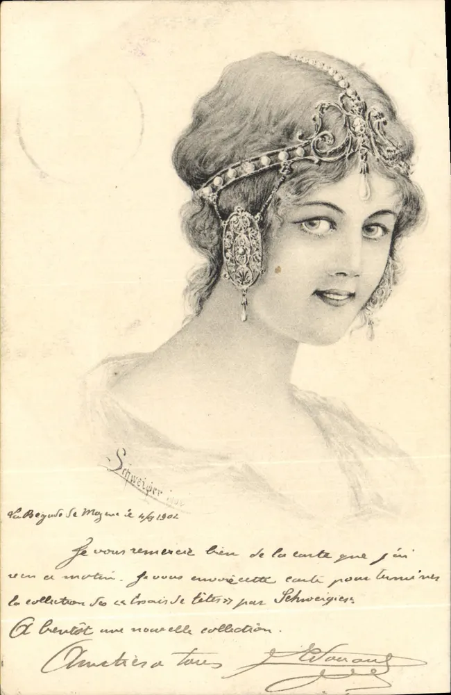Junge Frau mit Diadem — gestochenes Portrait — Verlag Schweiger, Nr. 1002 - Vorderseite