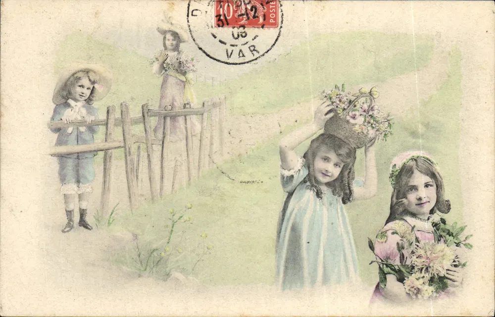 Quatre jeunes filles avec des fleurs — scène de campagne — éditeur inconnu - Vorderseite