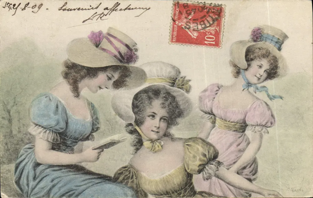 Drei junge Frauen in zeitgenössischer Kleidung — B. Gachs — unbekannter Verlag, Seriennummer nicht sichtbar - Vorderseite