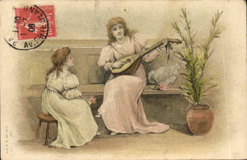 Junge Frau, die die Mandoline spielt — junges Mädchen, das zuhört — A.&M. B. N° 349 - Vorderseite