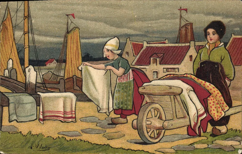 Frauen am Meer — Wäsche und Wagen — J. Wells - Vorderseite