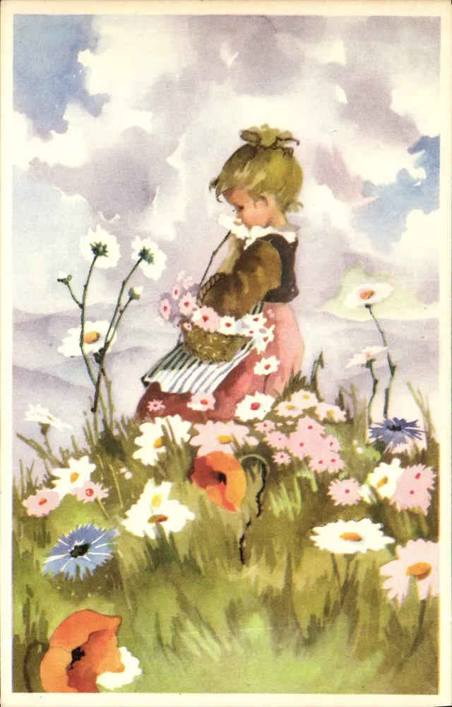 Mädchen, das Blumen pflückt — Illustration — Verlag und Seriennummer nicht lesbar - Vorderseite