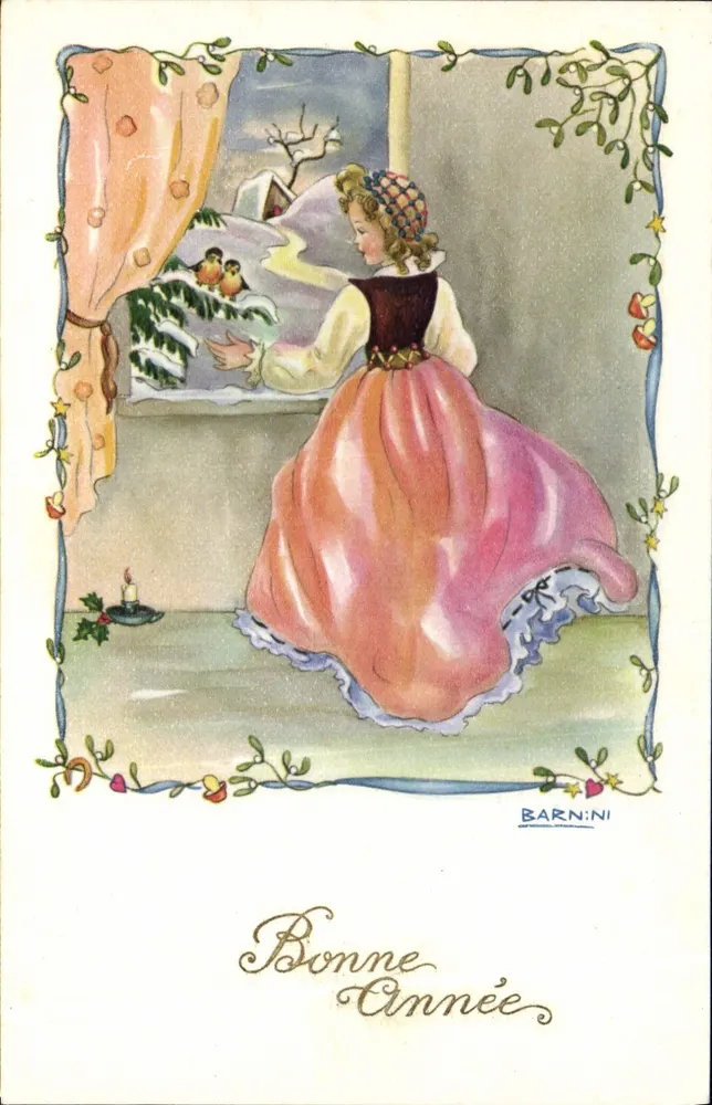 Frau in einem rosa Kleid, die auf den Schnee blickt — Illustration von BARNINI — Verlag BARNINI - Vorderseite