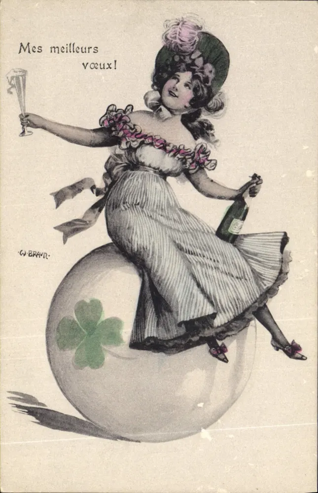 Frau auf einer Kleeblattkugel — Neujahrsgrüße — W. BRAVR. — Serie: Delight of New Year - Vorderseite