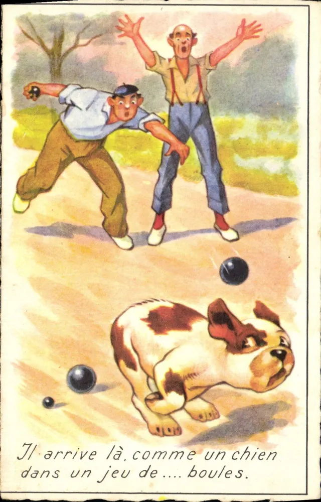 Hund in einem Boulespiel — humorvoller Moment — M.D. Paris, Serie Nr. 110 - Vorderseite