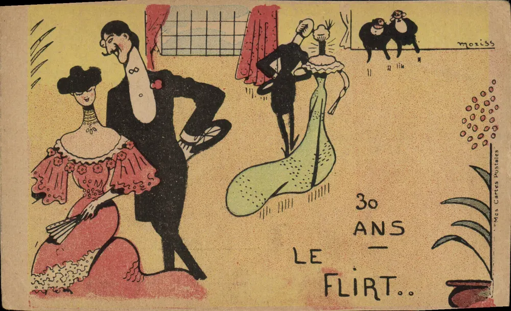Flirt-Szene — Humoristische Illustration — Verlag 'MIS Cartes Postales' und Unterschrift 'moriss' - Vorderseite