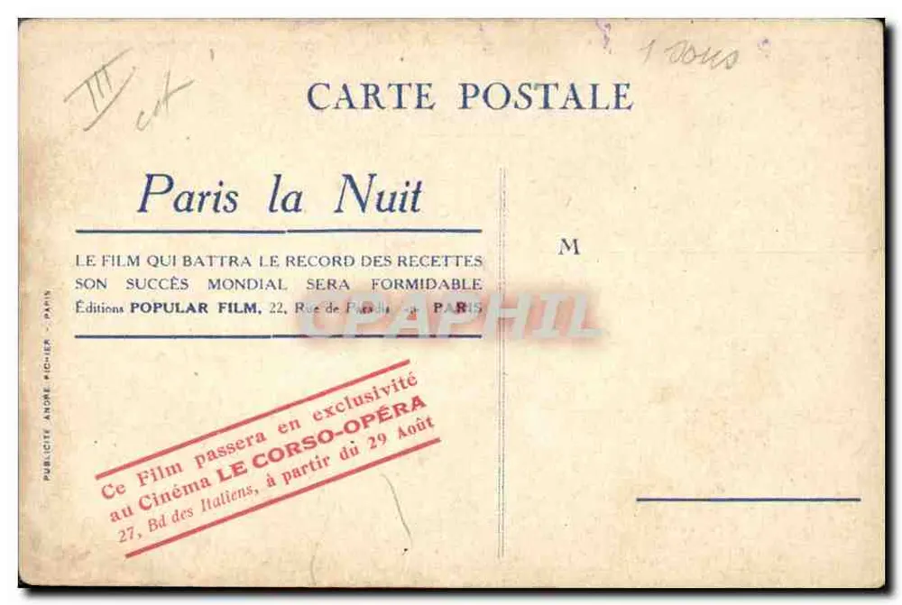 Paris la Nuit — spectacle de danseuses en costume de scène — Éditions POPULAR FILM, 22, Rue de Paradis, PARIS - Rewers