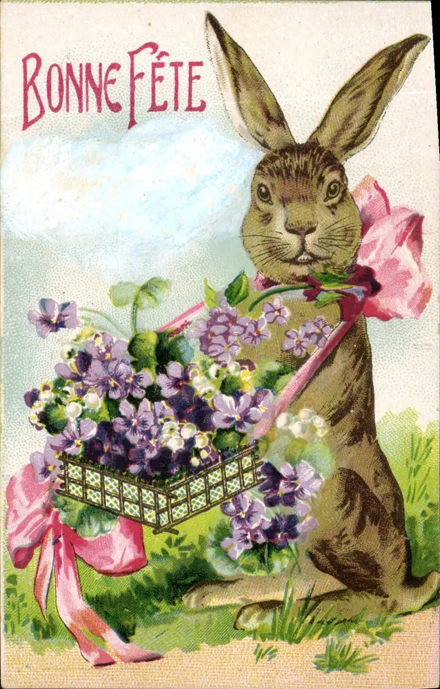 Coelho de Páscoa com cesta de flores — Boa Festa — Carta postal francesa - Frente