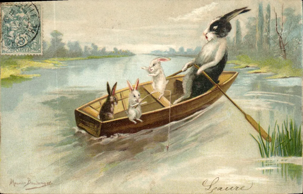 Coelhos em um barco — cena animada — Maurice Boulanger, editor K.F. Paris, série 587 - Frente