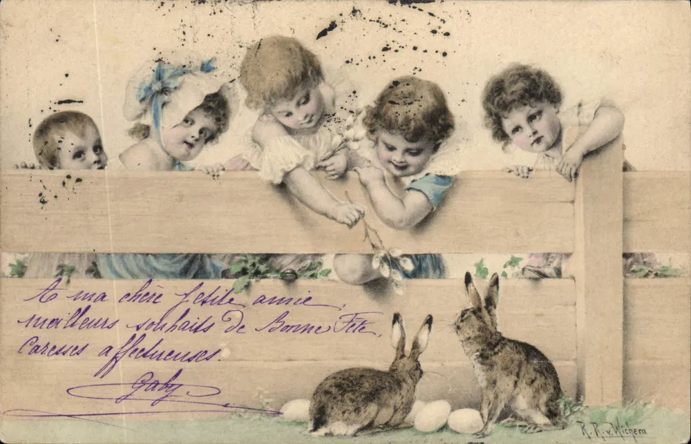 Crianças e coelhos — Páscoa — R.P.V. Nichera - Frente