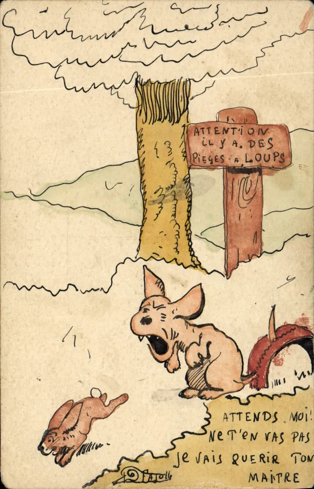 Caça ao lobo — Aviso aos lobos — Desenho de P. Fatolle - Frente