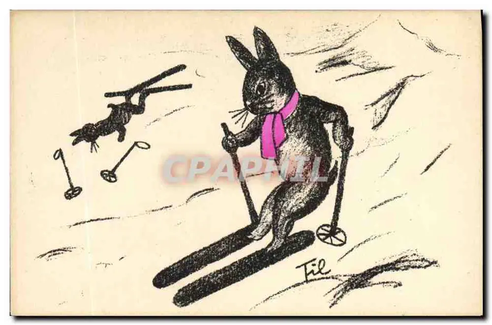 Coelho em esqui — desenho humorístico — assinado 'Fie' - Frente
