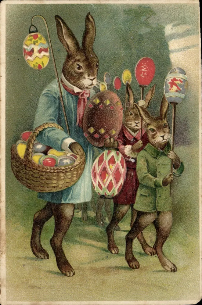 Marchand de Pâques — procession de lapins avec paniers et œufs décorés — éditeur Union postale universelle - Frente