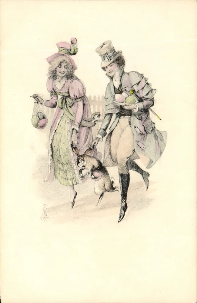 Casal vestido com roupas da época com coelho e ovos — n°3 - Frente