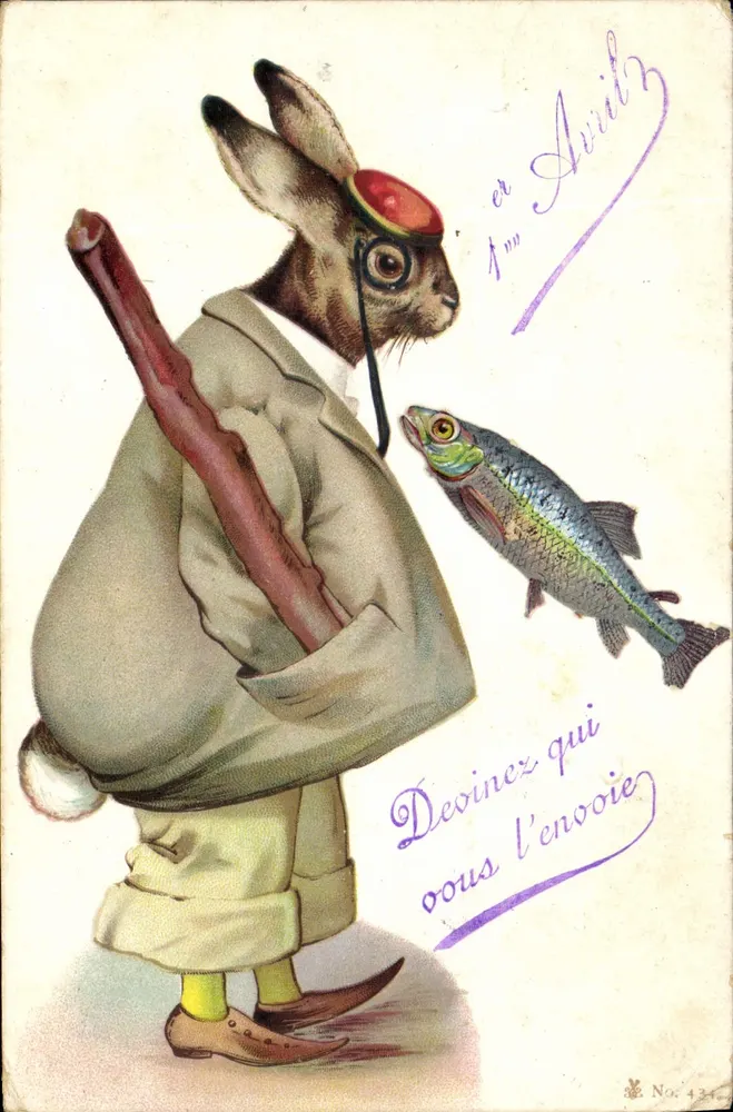 Lapin en costume — avec poisson et texte ludique — éditeur Avitz, No. 434 - Frente