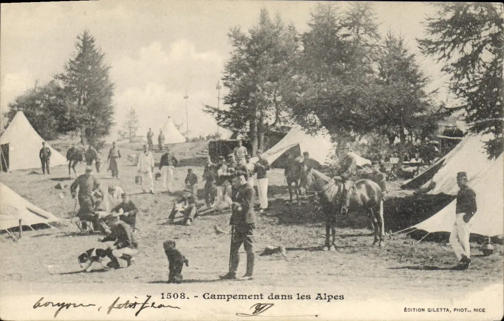Lager in den Alpen — militärisches Lager mit Zelten und Reitern — ÉDITION GILETTA, PHOT., NICE, n° 1508 - Vorderseite