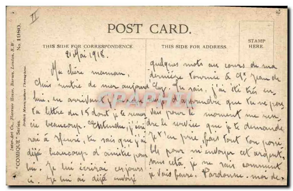 Soldat et enfant — scène émotive — Inter-Art Co., London, série 'Comique' n°1980 - Verso