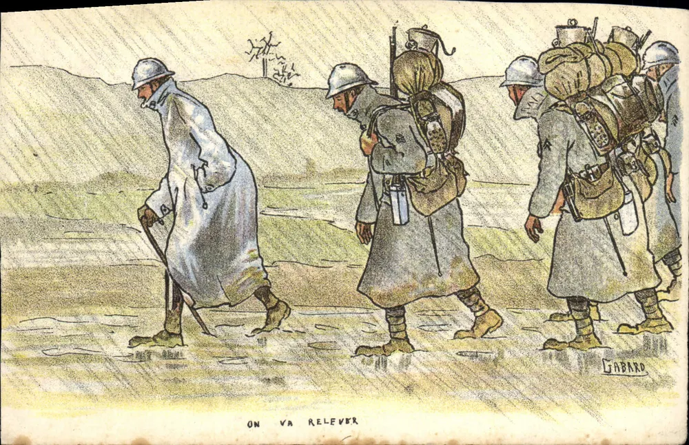 Soldados marchando na chuva — Gabard — edições G. B. Marquet - Frente