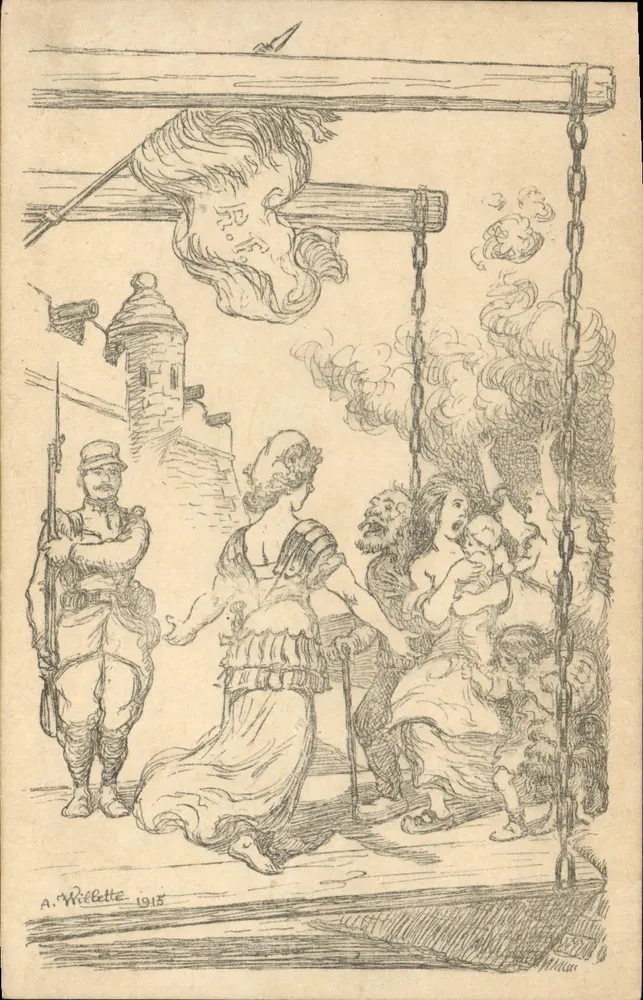 Scène de guerre — exécution d'une femme pendue — dessin d'A. Wellette 1915 - Frente