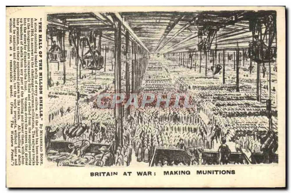 Britânia em guerra: fabricação de munições — gravura de Murhead Bone — tirada de 'The Wall of the Million Shells' - Frente