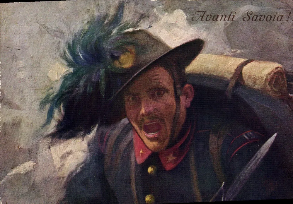 Soldado savoês — gritando 'Avanti Savoia!' — A. D. Campestrini, n° 599 - Frente