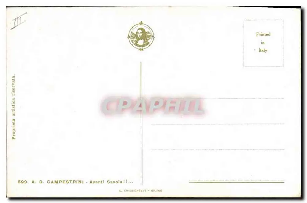 Soldado savoês — gritando 'Avanti Savoia!' — A. D. Campestrini, n° 599 - Verso
