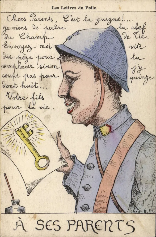 Soldat im Uniform — Brief vom Poilu — Chagriff. M. - Vorderseite