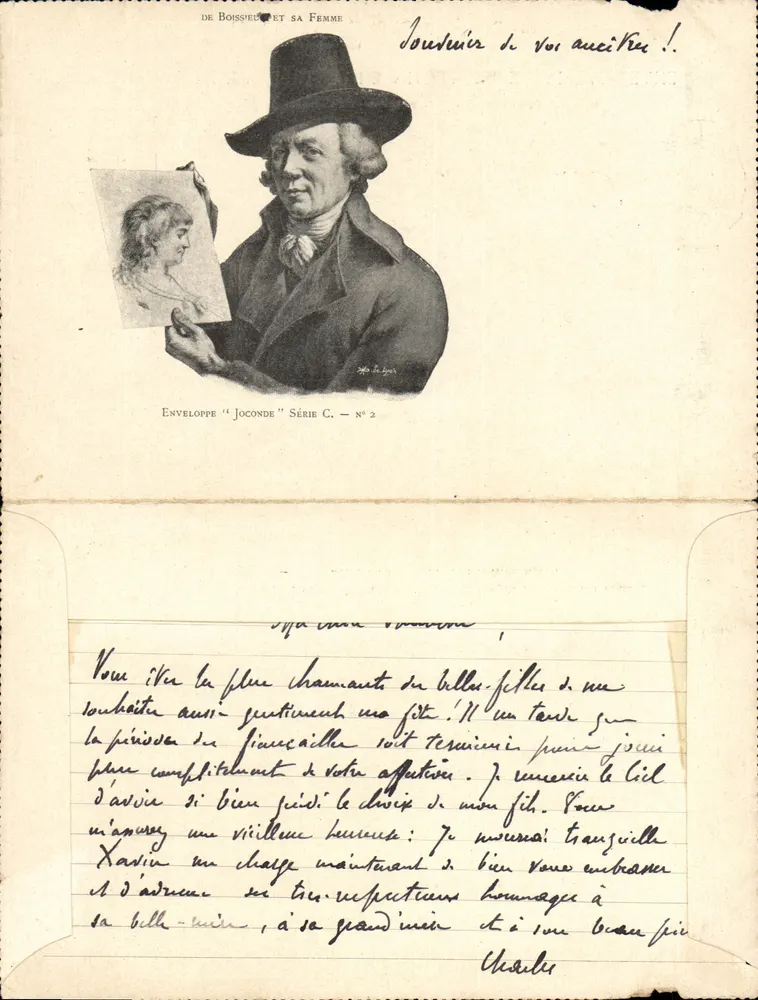 De Boisstec et sa femme — portrait d'un homme en haut-de-forme tenant un dessin — Enveloppe 'Joconde' Série C n°2 - Frente