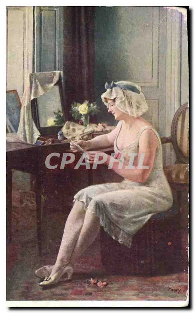 Femme à la fenêtre — scène intérieure — Henry P. (éditeur imprimé sur la carte) - Vorderseite