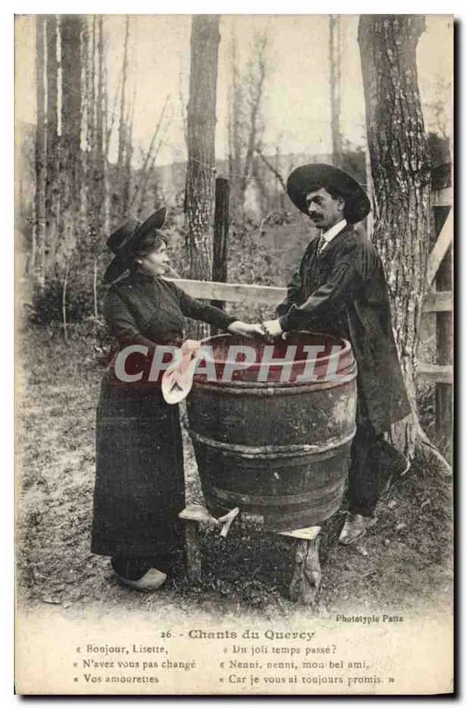 Cantos do Quercy — cena de casal ao lado de um barril — Fototipia Patta - Frente
