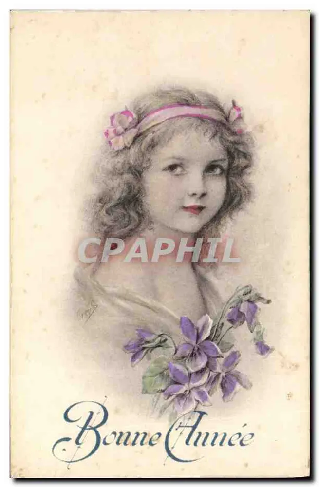 Mädchen mit Violets — Frohes Neues Jahr — Em. Brocherloux, Paris - Serie Nr. 40 - Vorderseite
