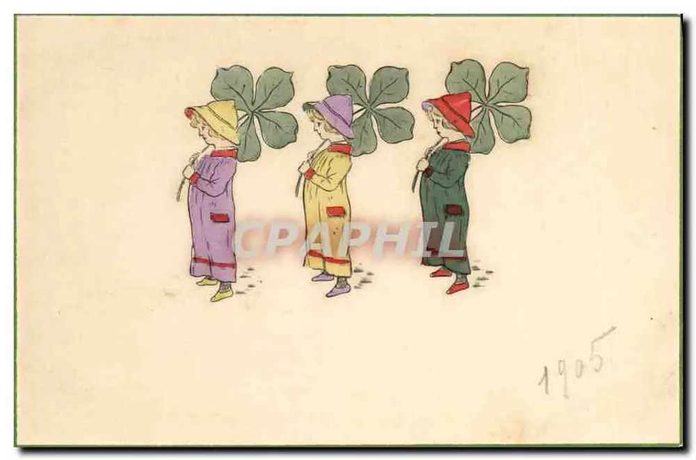 Drei Kinder, die Vierblättrige Kleeblätter halten — 1905 — anonyme Ausgabe - Vorderseite