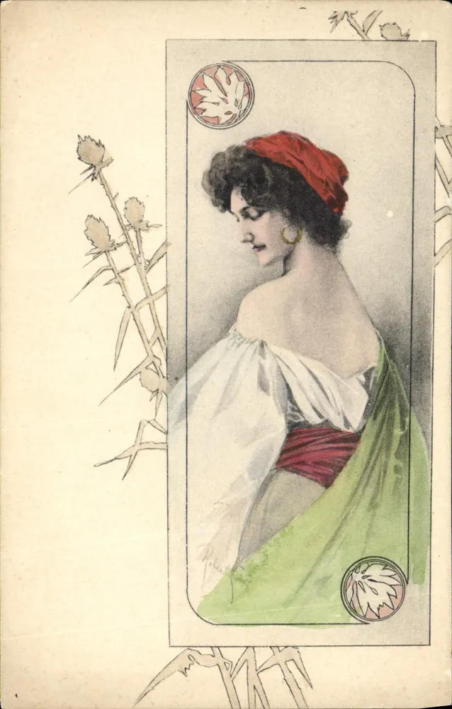 Frau in weißem Kleid und rotem Schal — Serie Souvenir d'Amour — A. S. W. - Vorderseite
