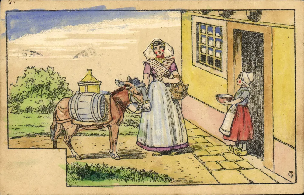 Frau und Kind mit Esel, beladen mit einem Fass — Dorfszene — Verlag T. C. (Unterschrift) — Nr. 7 - Vorderseite